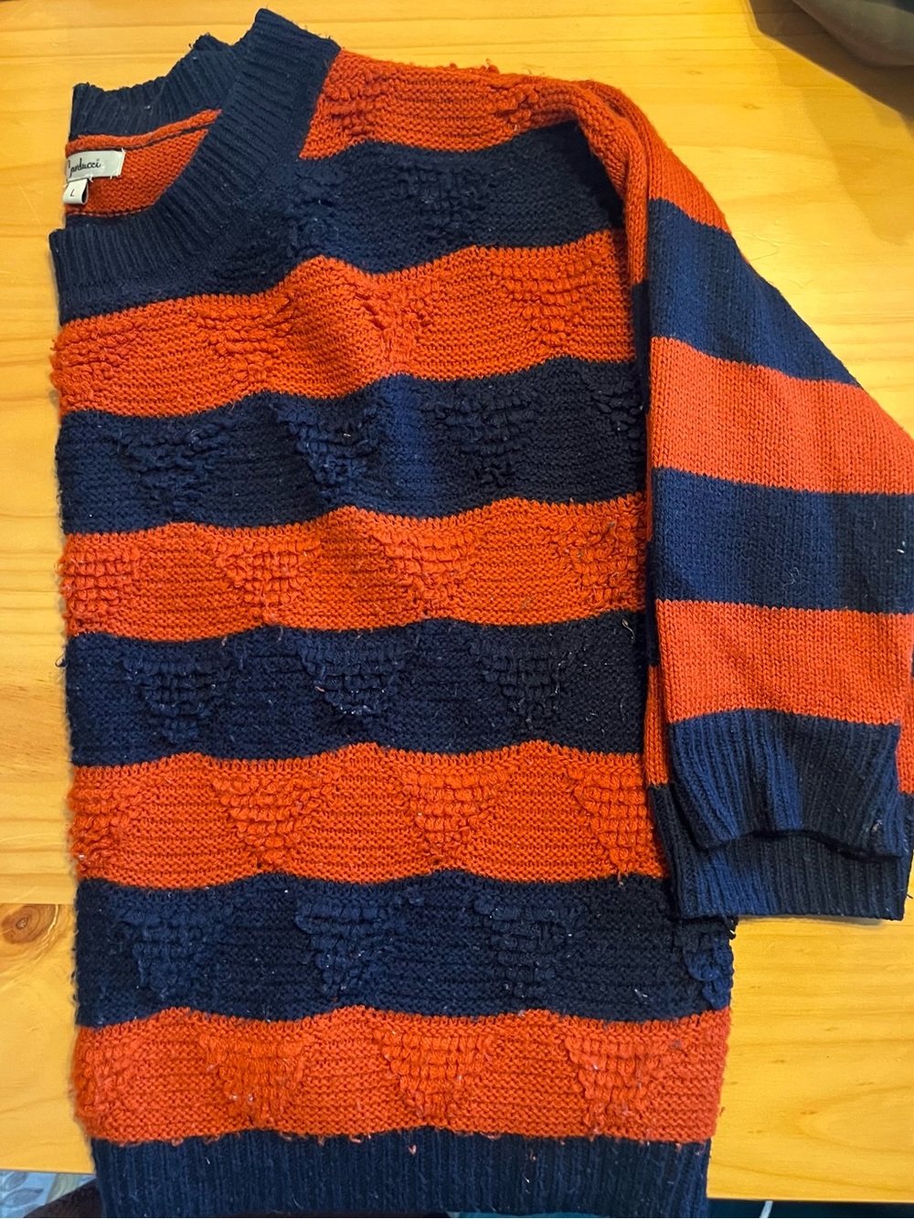 Women’s Carducci Navy and Orange Striped Cropped Crewneck Sweater